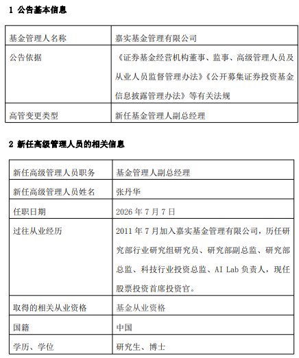 从研究员到副总经理，清华博士张丹华升任嘉实基金副总经理